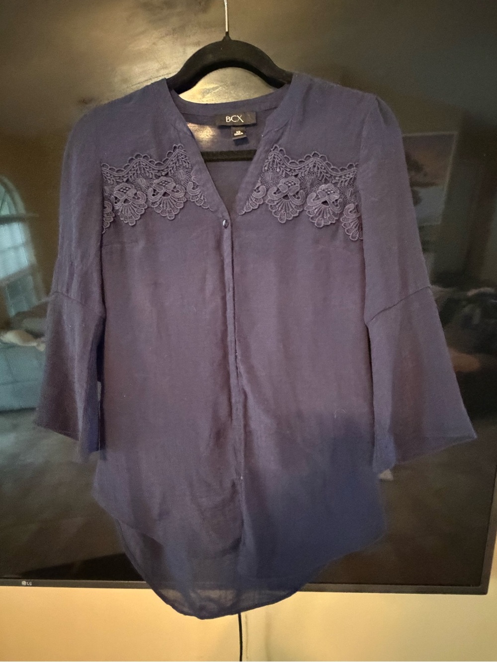BCX Dark Blue Lace-Trim V-Neck Blouse